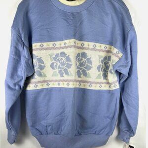 Vtg Simply Basic Blue Cross Stitch Flowers Sweatshirt Sz L Pullover Granny Core